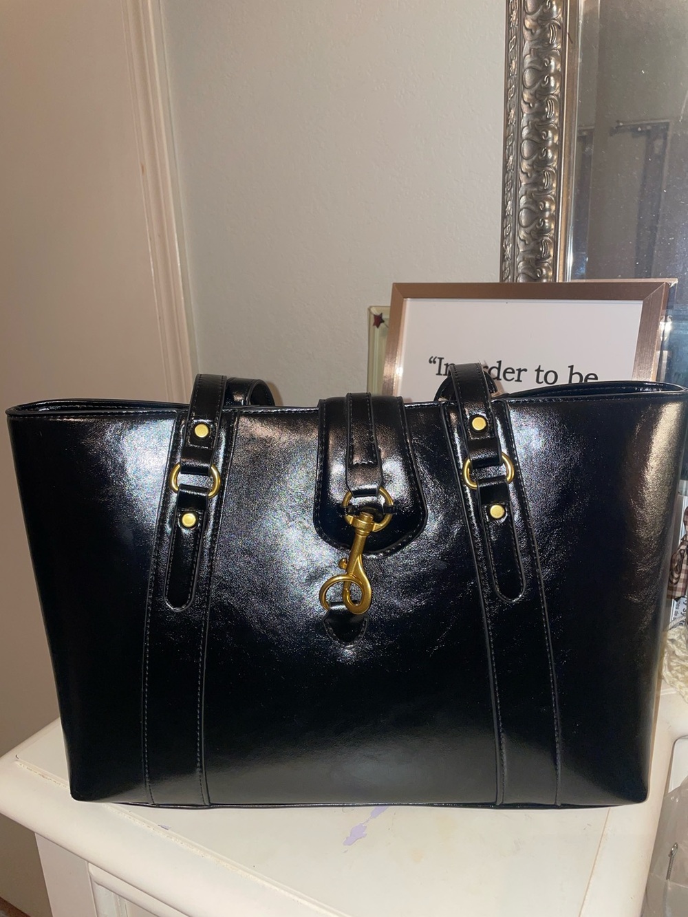 Antik Kraft Black Leather Tote with Gold Hardware Accent